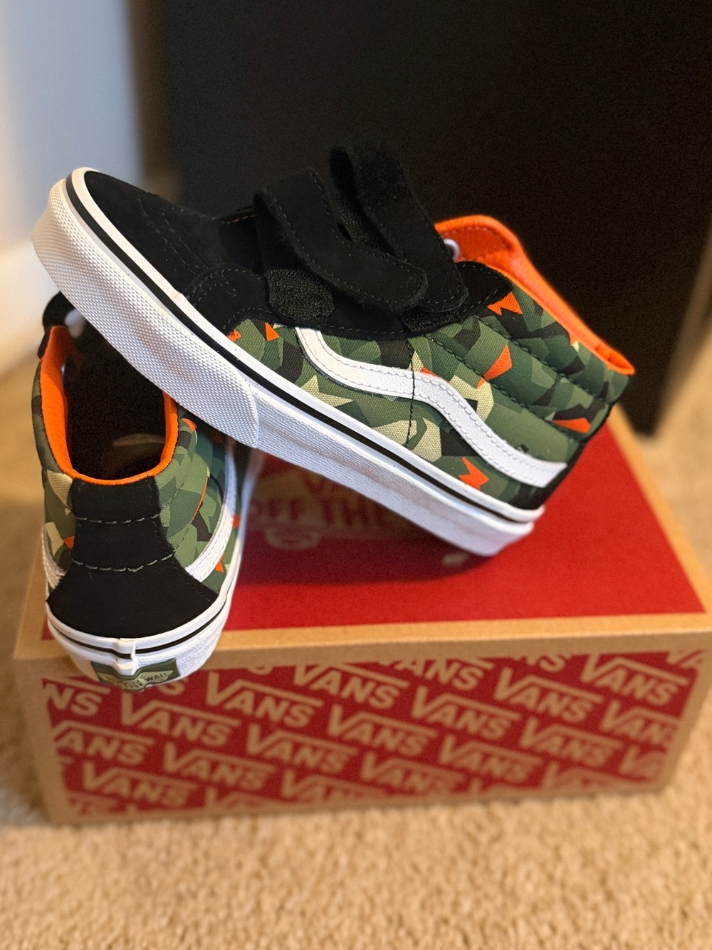 Vans Kids Camo Sneakers with Black and Orange Accents